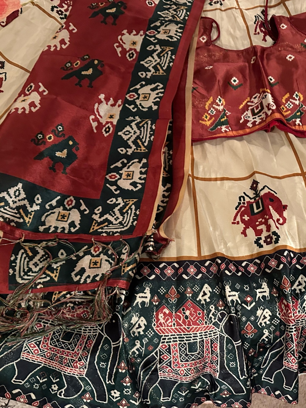 Patola print red cream and green lahenga Chaniya choli new